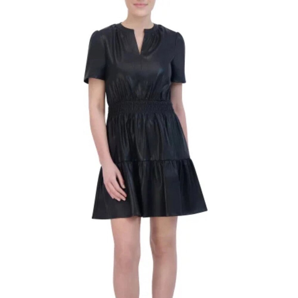 Vigoss Women's Size Medium Black Short Sleeve Ruffle Faux Leather Dress NWT